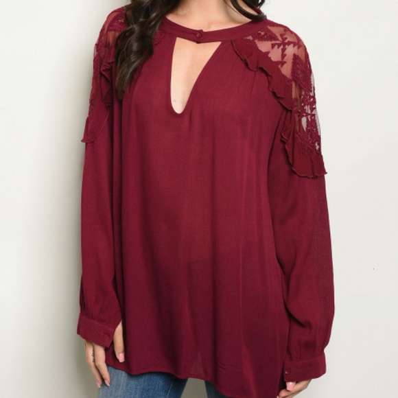 Trend Setter Diva Boutique Tops - BURGUNDY WINE LACE TUNIC TOP